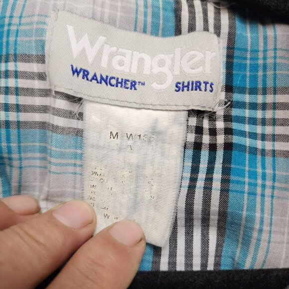 Wrangler Shirt Mens Medium Wrancher Blue Plaid Long Sleeve Pearl Snap Western - Picture 3 of 8